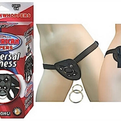 All American Whoppers Universal Harness Black by Nasstoys — adjustable 4-snap strap-on harness with two O-ring sizes