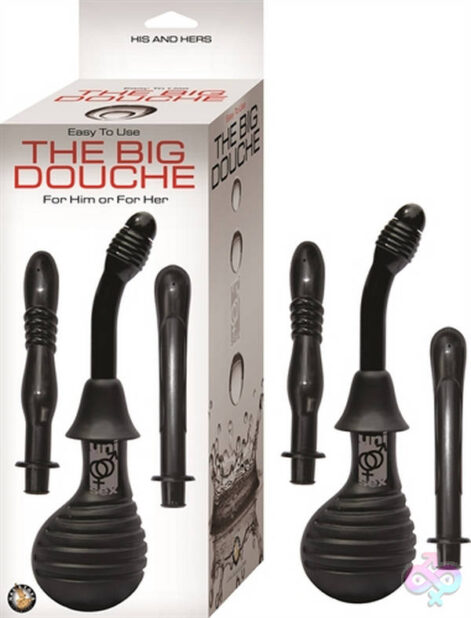 The Big Douche black anal douche system by Nasstoys with three interchangeable nozzle attachments
