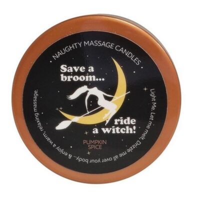 Ride a Witch Pumpkin Spice warming soy massage candle in brown jar by Kama Sutra