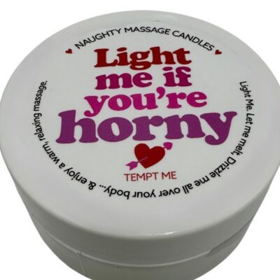 White massage candle with naughty note, coconut oil base, Tempt Me scent by Kama Sutra