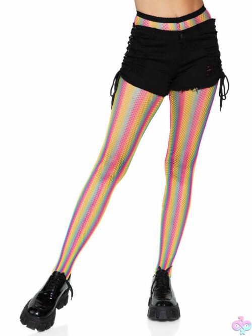 Neon Rainbow Striped Fishnet Tights - Image 2