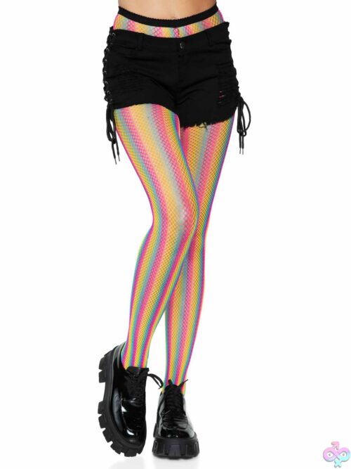 Neon Rainbow Striped Fishnet Tights - Image 3