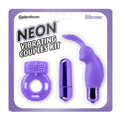 Neon vibrating couples kit in purple silicone with mini rabbit vibe and cock ring by Pipedream Products