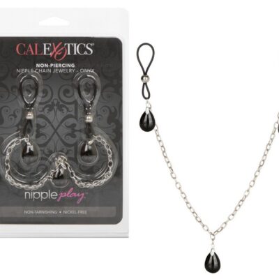 Non-piercing silver metal nipple chain jewelry with onyx accent by California Exotic Novelties