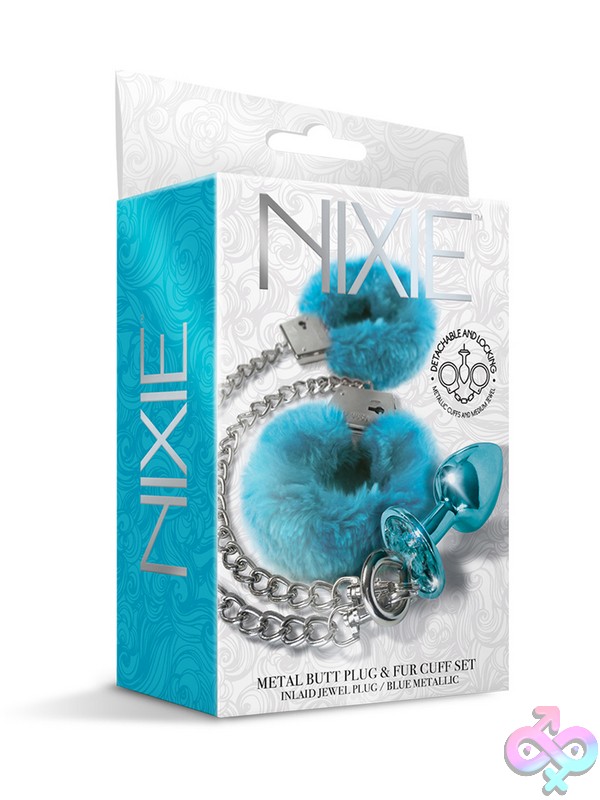 Discreet-Toys-Nixie-Metal-Butt-Plug-Furry-Cuff-Set-Medium-Blue-Metallic-Nu-Gn-1000321 Polished Aluminum Butt Plug With Blue Rhinestone Base And Faux Fur Handcuffs On Chain By Nixie