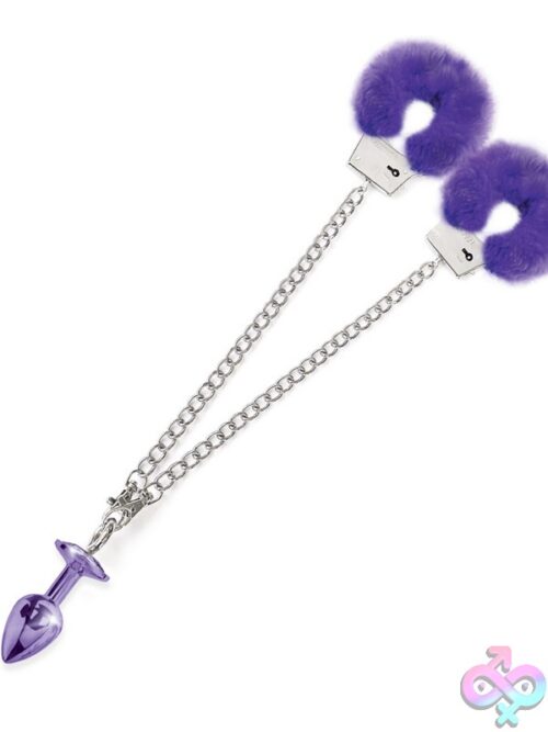 Metal Butt Plug &Amp; Furry Handcuff Set Medium Purple - Image 2