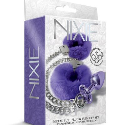 Purple metallic jewel butt plug and faux-fur handcuff set in medium size on a neutral background