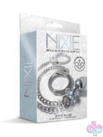Jeweled silver metal butt plug and lockable handcuff set on 9-inch chain by Nixie
