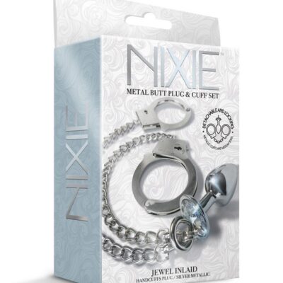 Jeweled silver metal butt plug and lockable handcuff set on 9-inch chain by Nixie