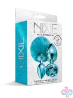 Blue metallic aluminum butt plug set with pom pom tail and faux aquamarine jewel inlay by Nixie