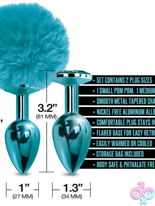 Nixie Metal Butt Plug Set With Pom Pom Tail And Jewel Inlay – Blue Metallic - Image 3