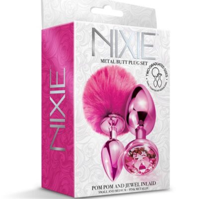 Pink metallic pom pom tail and jewel inlay butt plug set in aluminum by Nixie