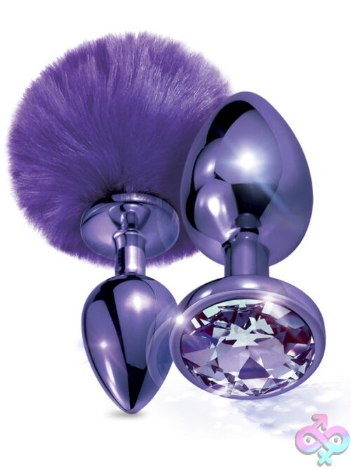 Nixie Metal Butt Plug Set With Pom Pom Tail And Jewel Inlay – Purple Metallic - Image 2