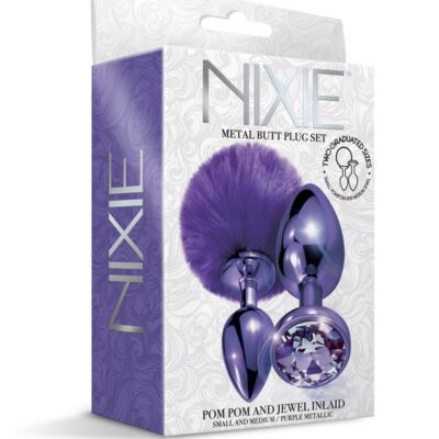 Purple metallic pom pom tail and jewel butt plug set in aluminum alloy by Nixie