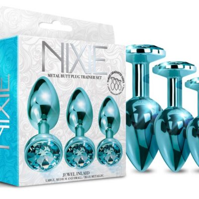 Three-piece blue metallic aluminum butt plug trainer set by Nixie, showing small, medium, and large sizes