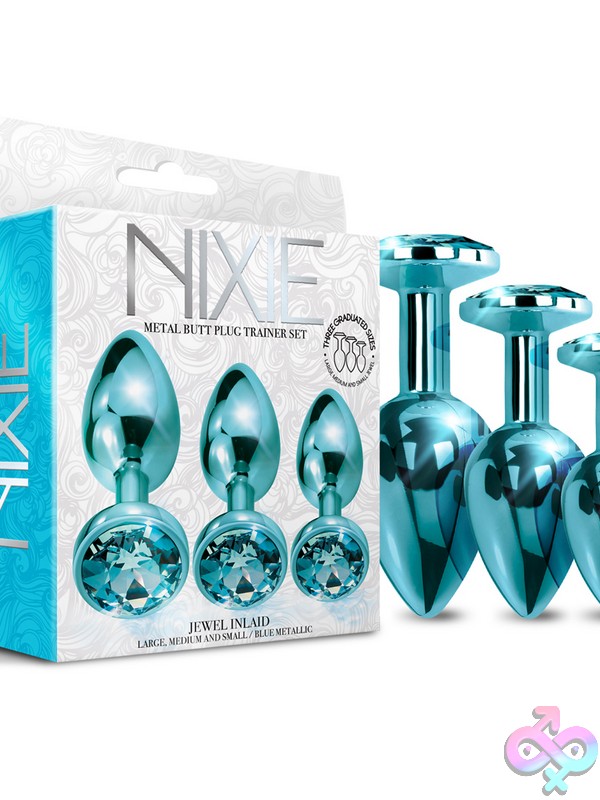 Discreet-Toys-Nixie-Metal-Butt-Plug-Trainer-Set-Blue-Metallic-Nu-Gn-1000318 Three-Piece Blue Metallic Aluminum Butt Plug Trainer Set By Nixie, Showing Small, Medium, And Large Sizes
