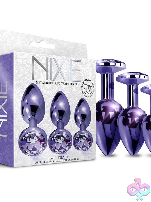 Discreet-Toys-Nixie-Metal-Butt-Plug-Trainer-Set-Purple-Metallic-Nu-Gn-1000319 Three-Piece Purple Metallic Metal Butt Plug Trainer Set Displayed Together Showing Graduated Sizes
