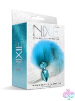 Smooth aluminum alloy butt plug with flowing blue metallic ombre faux fur tail by Nixie