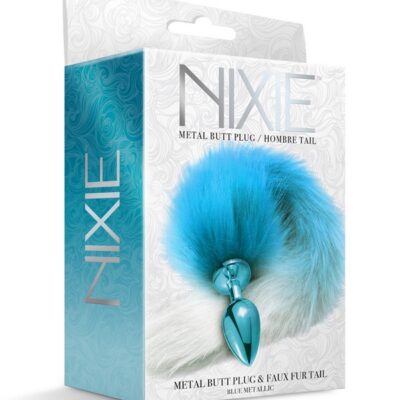 Smooth aluminum alloy butt plug with flowing blue metallic ombre faux fur tail by Nixie