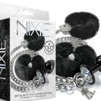 Nixie medium black metal jewel butt plug with faux-fur handcuffs and detachable chain by Nixie