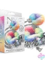Silver aluminum jewel butt plug and faux-fur handcuff restraint set by Nixie