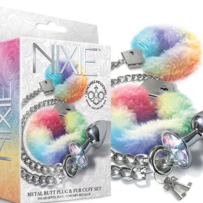 Silver aluminum jewel butt plug and faux-fur handcuff restraint set by Nixie