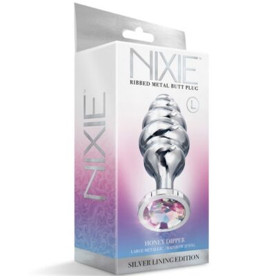Nixie ribbed stainless steel honey dipper butt plug in silver shown in medium and large sizes