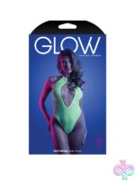 Neon lemon UV-reactive halter teddy with keyhole cutout and g-string back on white background
