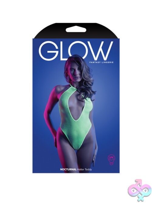 Neon Lemon Uv-Reactive Halter Teddy With Keyhole Cutout And G-String Back On White Background