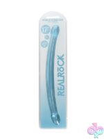 17-inch non realistic double dong dildo in blue clear and purple on a neutral background