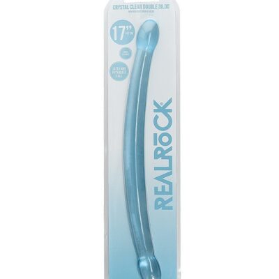 17-inch non realistic double dong dildo in blue clear and purple on a neutral background