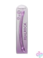 17-inch non realistic double dong dildo in blue clear and purple on a neutral background