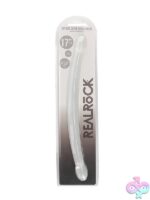 17-inch non realistic double dong dildo in blue clear and purple on a neutral background