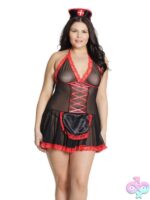 Black and red nurse chemise with lace trim, headpiece and attached apron by Coquette Lingerie