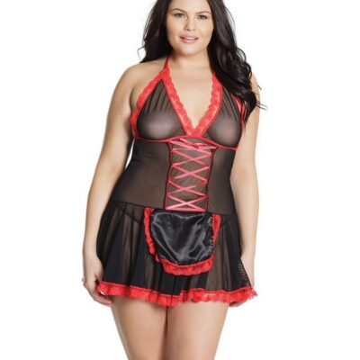 Black and red nurse chemise with lace trim, headpiece and attached apron by Coquette Lingerie