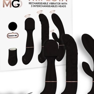 Trifecta rechargeable vibrator with three interchangeable silicone heads in black by Omg