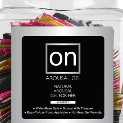 100-count assorted arousal gel fishbowl counter display in clear container by Sensuva