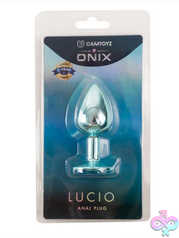 Discreet-Toys-Onix-Blue-Lucio-Anal-Plug-Nu-Ct-Jan-083-Lucio-Azu-S Polished Metal Anal Plug With Blue Rhinestone Gem Base By Camtoyz