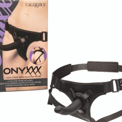 Adjustable black jock strap harness with curved silicone probe and metal rings by California Exotic Novelties