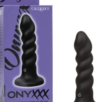 Curved rippled black silicone rechargeable anal probe with suction cup base by California Exotic Novelties