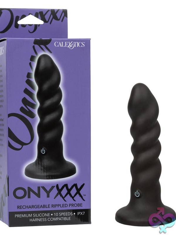 Discreet-Toys-Onyxxx-Rechargeable-Rippled-Probe-Nu-Se-1496-12-3 Curved Rippled Black Silicone Rechargeable Anal Probe With Suction Cup Base By California Exotic Novelties