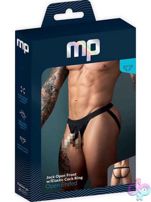 Male Power Open Front Jockstrap With Built-In Elastic Cock Ring In Black