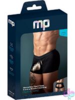 Black open ended moon short with built-in elastic cock ring displayed flat on neutral background