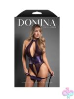 Deep purple open lace-up halter teddy with matching blindfold on white background