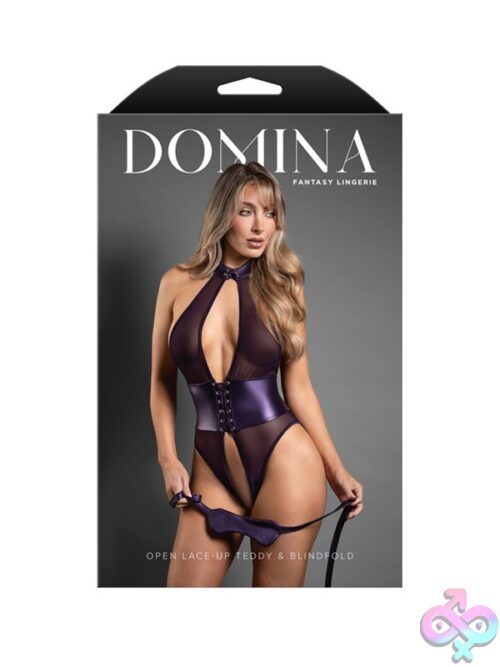 Deep Purple Open Lace-Up Halter Teddy With Matching Blindfold On White Background