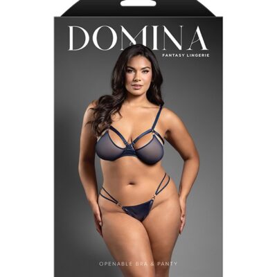 Navy metallic cage bra and crotchless panty set curvy queen size by Fantasy Lingerie