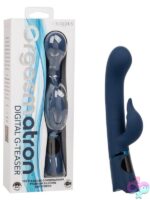 Curved blue dual rabbit massager with LED display by California Exotic Novelties