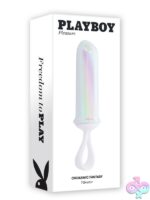 Clear iridescent rechargeable bullet vibrator with silicone finger loop and tapered lipstick tip by Playboy Pleasure