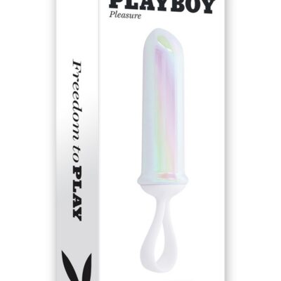 Clear iridescent rechargeable bullet vibrator with silicone finger loop and tapered lipstick tip by Playboy Pleasure