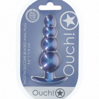 Beaded silicone anal plug in metallic blue with graduated ball segments by Shots Toys
